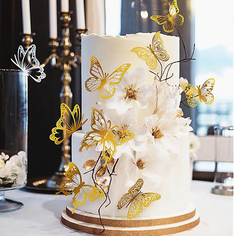 Új 12db Happy Birthday Cake Topper Rose Gold összecsukható Butterfly Kids Party Cake Topper Desszert Desszert Dekoráció Babazuhany Ajándék