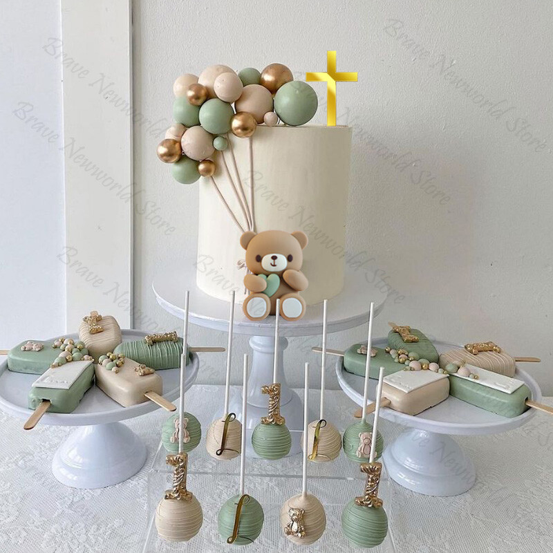 Keresztelő Meztelen Zsálya Zöldgolyós tortafeltétek Mackó torta dekoráció Keresztes tortalapát Keresztelő dekorációk Babazuhany