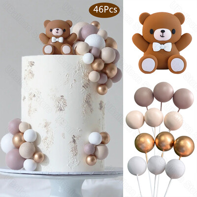 1 Σετ Teddy Bear Topper Foam Balls Gold Skin Dark Nude Μπάλες Καφέ αρκούδα Διακόσμηση κέικ για Baby Shower Διακόσμηση τούρτας γενεθλίων