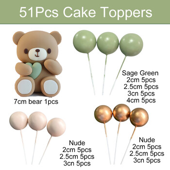 51Pcs Bear Cake Toppers Златисто-зелени Cake Topper Топчета за Честит Рожден Ден Декорация Baby Shower Кръщене Рожден Ден Консумативи