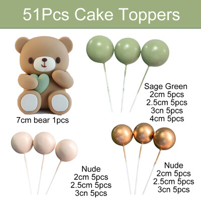 51 τμχ Bear Cake Toppers Χρυσές πράσινες μπάλες για χριστουγεννιάτικα στολίδια Baby shower Βάπτιση για πάρτι γενεθλίων