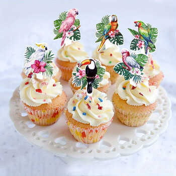 12Pcs Тропически птици Тукани Cupcake Toppers Palm Leaves Parrot Cake Picks Decor for Aloha Hawaiian Luau Birthday Party Supplies