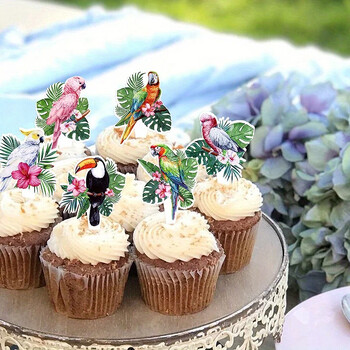 12Pcs Тропически птици Тукани Cupcake Toppers Palm Leaves Parrot Cake Picks Decor for Aloha Hawaiian Luau Birthday Party Supplies