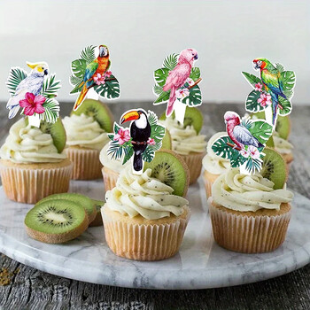 12Pcs Тропически птици Тукани Cupcake Toppers Palm Leaves Parrot Cake Picks Decor for Aloha Hawaiian Luau Birthday Party Supplies