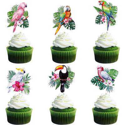 12 τμχ Tropical Birds Toucans Cupcake Toppers Palm Leaves Parrot Picks Decor for Aloha Hawaiian Luau Birthday Party Supplies