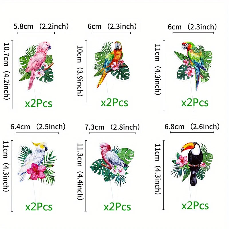 12 db trópusi madarak tukánok cupcake-feltöltők pálmalevelek papagáj torta válogatások dekoráció az Aloha hawaii luau születésnapi parti kellékekhez