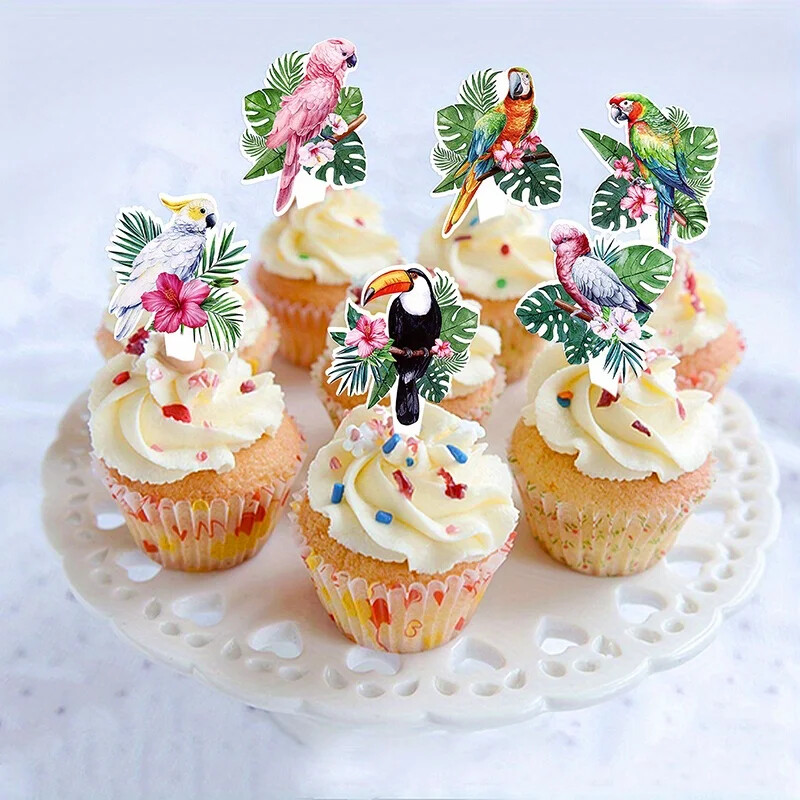 12 db trópusi madarak tukánok cupcake-feltöltők pálmalevelek papagáj torta válogatások dekoráció az Aloha hawaii luau születésnapi parti kellékekhez