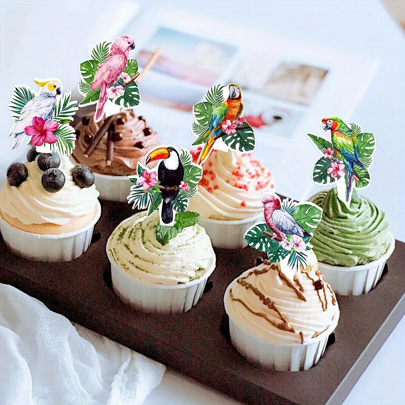 12 db trópusi madarak tukánok cupcake-feltöltők pálmalevelek papagáj torta válogatások dekoráció az Aloha hawaii luau születésnapi parti kellékekhez