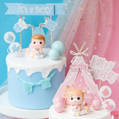 Διακόσμηση τούρτας Reveal του φύλου Μπλε ροζ Baby Boy Girl Toppers Cake Bottle Stroller Happy Birthday Cupcake Topper Baking