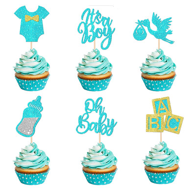 12 τμχ Φόρεμα Cupcake Toppers Swan Blue Glitter It`s a Boy Cake Επιλογές για Baby Shower Φύλο Reveal Boys Birthday Party