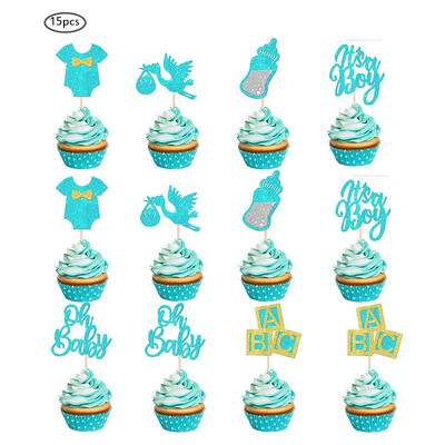 12 τμχ Φόρεμα Cupcake Toppers Swan Blue Glitter It`s a Boy Cake Επιλογές για Baby Shower Φύλο Reveal Boys Birthday Party