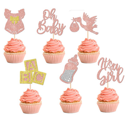 12 τμχ Φόρεμα Cupcake Toppers Swan Pink Glitter It`s a Girl Επιλογές κέικ για μωρό ντους Φύλο Reveal Girls Birthday Party