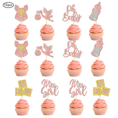 12 τμχ Φόρεμα Cupcake Toppers Swan Pink Glitter It`s a Girl Επιλογές κέικ για μωρό ντους Φύλο Reveal Girls Birthday Party