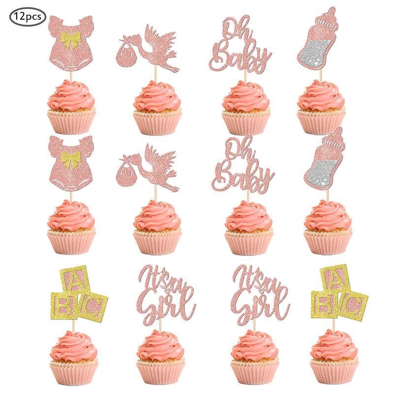12db Cupcake Toppers ruha Hattyú, rózsaszín csillogó, ez egy lány torta választás babazuhanyhoz Neme Reveal Girls Birthday Party