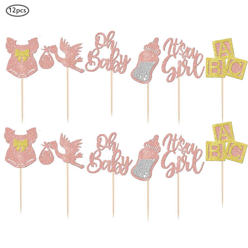 12db Cupcake Toppers ruha Hattyú, rózsaszín csillogó, ez egy lány torta választás babazuhanyhoz Neme Reveal Girls Birthday Party