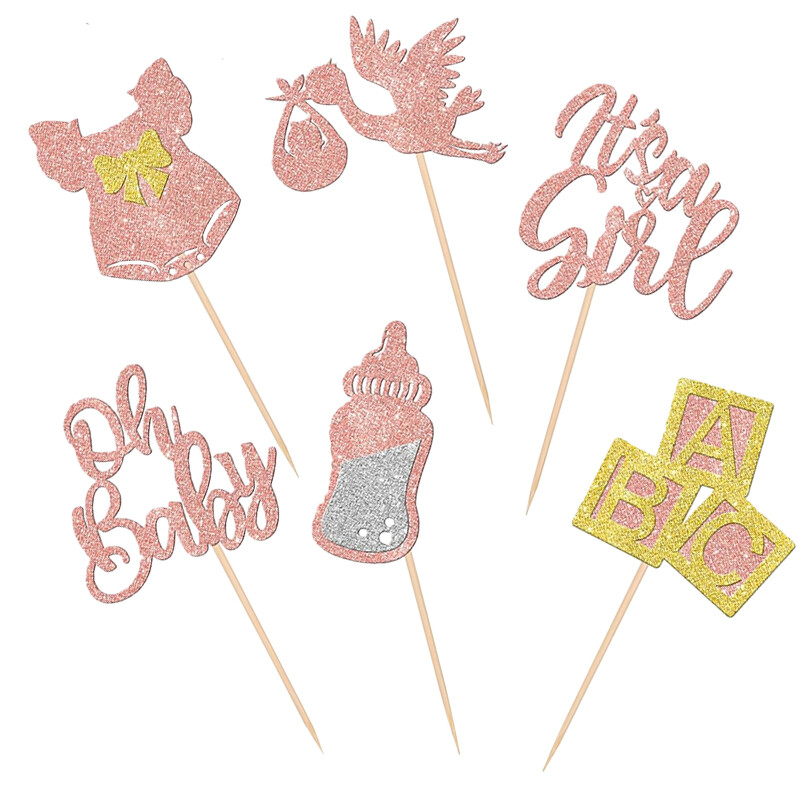 12db Cupcake Toppers ruha Hattyú, rózsaszín csillogó, ez egy lány torta választás babazuhanyhoz Neme Reveal Girls Birthday Party