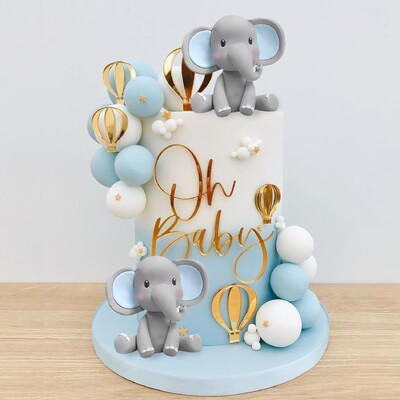 Διακόσμηση κέικ ελέφαντα με Oh Baby Cake Topper Pearl Balls Heat Air Balloon for Baby Shower Boy Elephant Θεματικό Πάρτυ γενεθλίων