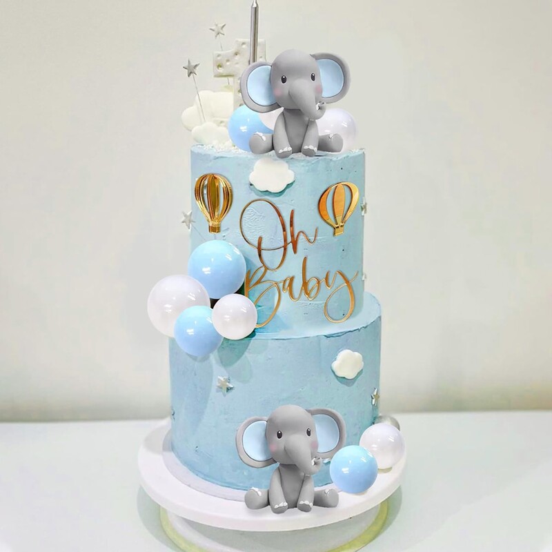 Elefánttorta dekoráció Oh Baby Cake Topper Pearl Balls hőlégballonnal Baby Shower Fiú elefánt témájú születésnapi partihoz