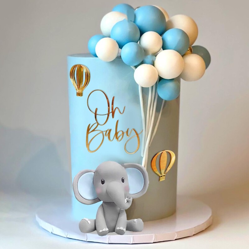Elefánttorta dekoráció Oh Baby Cake Topper Pearl Balls hőlégballonnal Baby Shower Fiú elefánt témájú születésnapi partihoz