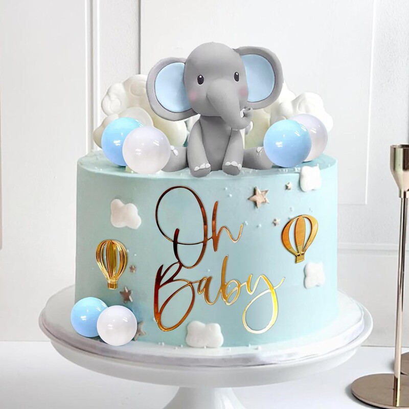 Elefánttorta dekoráció Oh Baby Cake Topper Pearl Balls hőlégballonnal Baby Shower Fiú elefánt témájú születésnapi partihoz