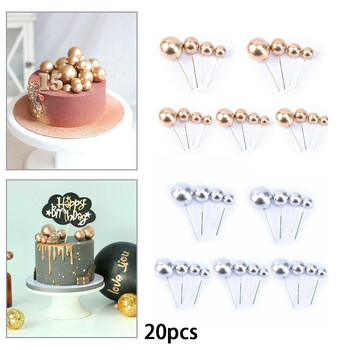 20 бр топка за торта Creative Gold Silver Прекрасна топка Birthday Party Cupcake Topper Decor DIY Cake Insert Picks Decoration