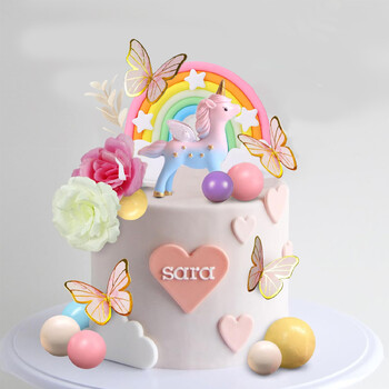 47PCS Unicorn Cake Topper Rainbow Cake Decorations с пеперуди Unicorn Balls Декорация на торта за рожден ден за момчета и момичета