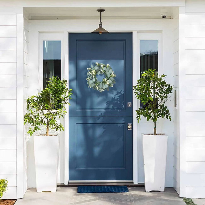 Eukaliptusz levél koszorú kreatív mesterséges füzér függő medálok esküvői dekoráció otthon kültéri bejárati ajtó ablak dekoráció