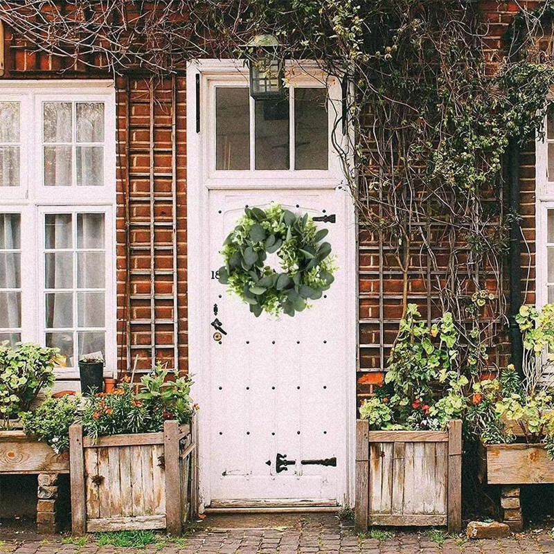 Eukaliptusz levél koszorú kreatív mesterséges füzér függő medálok esküvői dekoráció otthon kültéri bejárati ajtó ablak dekoráció