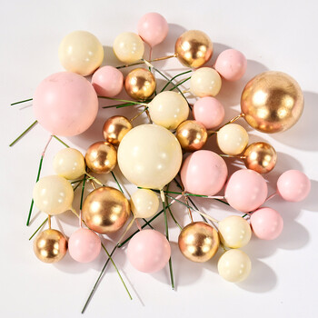 32Pcs Pink Gold Ball Cake Toppers Set Pearl Ball Cupcake Topper Flags за деца Рожден ден Сватбени декорации Baby Shower