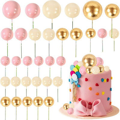 32Pcs Ροζ χρυσή μπάλα για τούρτες σετ Pearl Ball Cupcake Flags για Παιδικά πάρτι γενεθλίων Διακοσμήσεις γάμου Baby Shower