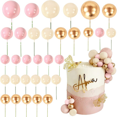 32Pcs Ροζ χρυσή μπάλα για τούρτες σετ Pearl Ball Cupcake Flags για Παιδικά πάρτι γενεθλίων Διακοσμήσεις γάμου Baby Shower