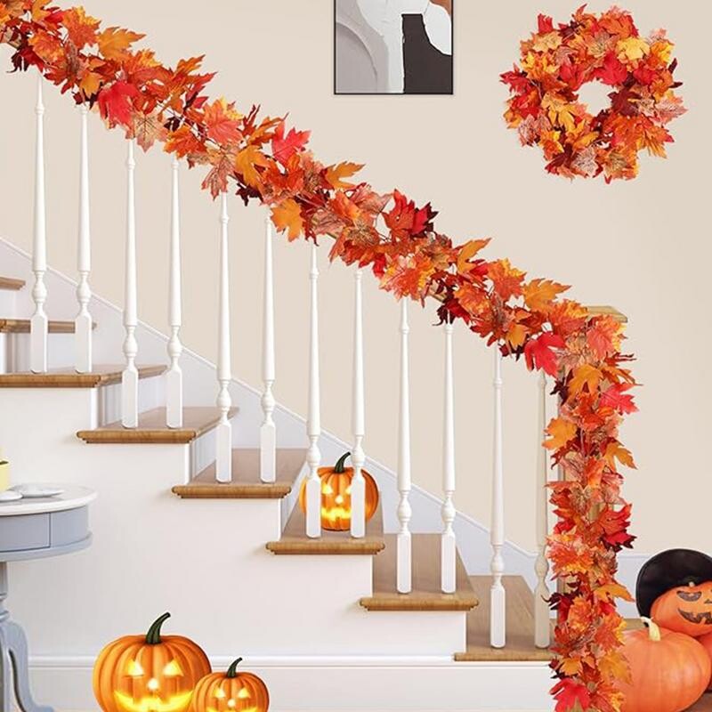 Őszi füzér 2 DB selyem őszi füzér juharlevelekkel díszített 5,7 láb őszi koszorú dekoráció Hálaadás ajtó akasztó kandallóhoz