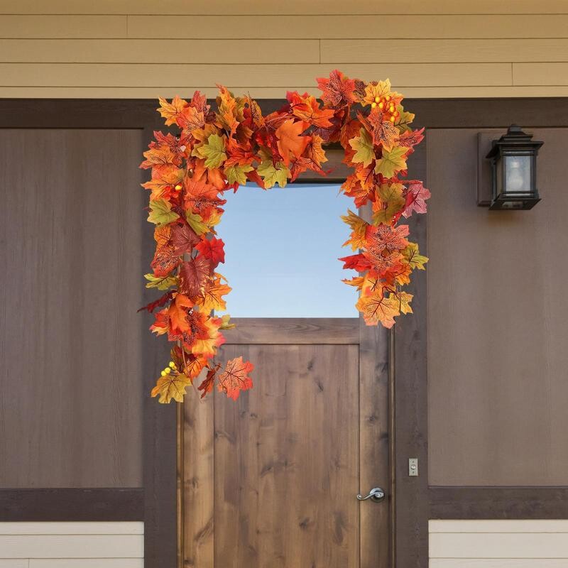 Őszi füzér 2 DB selyem őszi füzér juharlevelekkel díszített 5,7 láb őszi koszorú dekoráció Hálaadás ajtó akasztó kandallóhoz