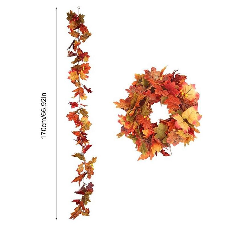 Őszi füzér 2 DB selyem őszi füzér juharlevelekkel díszített 5,7 láb őszi koszorú dekoráció Hálaadás ajtó akasztó kandallóhoz