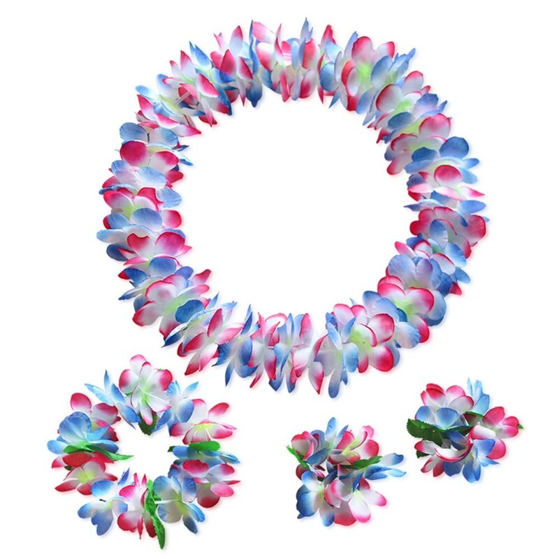 Party kellékek Hawaii művirág Garland Tropical Beach Színes virágok Nyaklánc Fejpánt Aloha tematikus jelmez