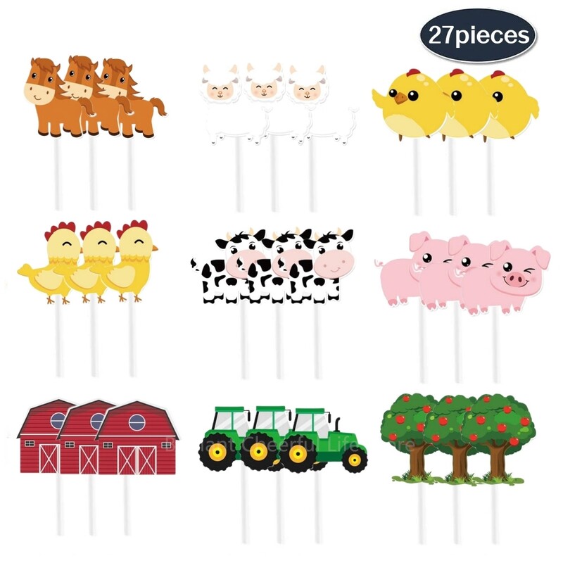 Farm Animal Cake Topper Rajzfilm Farm Cake Decor Party kellékek gyerekeknek Születésnapi Babazuhany Barnyard Cupcake Topper Dekorációk