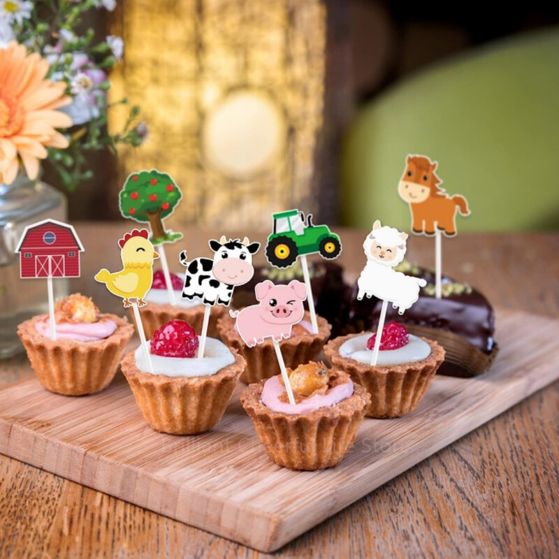 Farm Animal Cake Topper Rajzfilm Farm Cake Decor Party kellékek gyerekeknek Születésnapi Babazuhany Barnyard Cupcake Topper Dekorációk