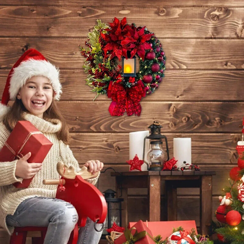 Ziemassvētku vainags ar lampu priekšgala bumbiņu liels sarkans zieds Navidad ballīte siena durvis logs kamīns kāpnes balkons dārza vainags 2024