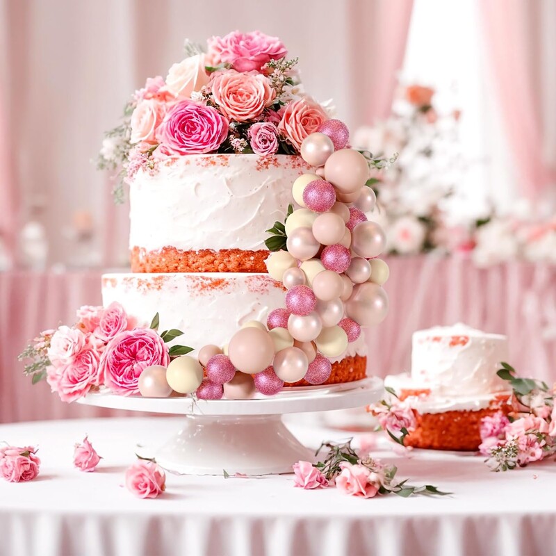 48db Rózsaszín tortadísz golyó tortafedő születésnapi parti esküvői torta dekorációhoz (csillogó rózsaszín, rózsa arany, világosbarna, világos mez)