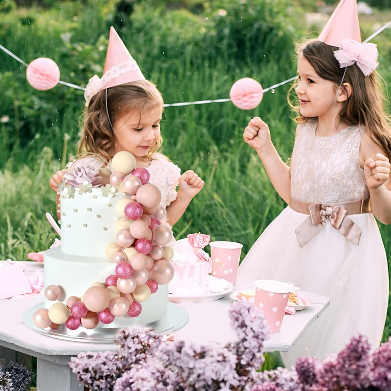 48db Rózsaszín tortadísz golyó tortafedő születésnapi parti esküvői torta dekorációhoz (csillogó rózsaszín, rózsa arany, világosbarna, világos mez)