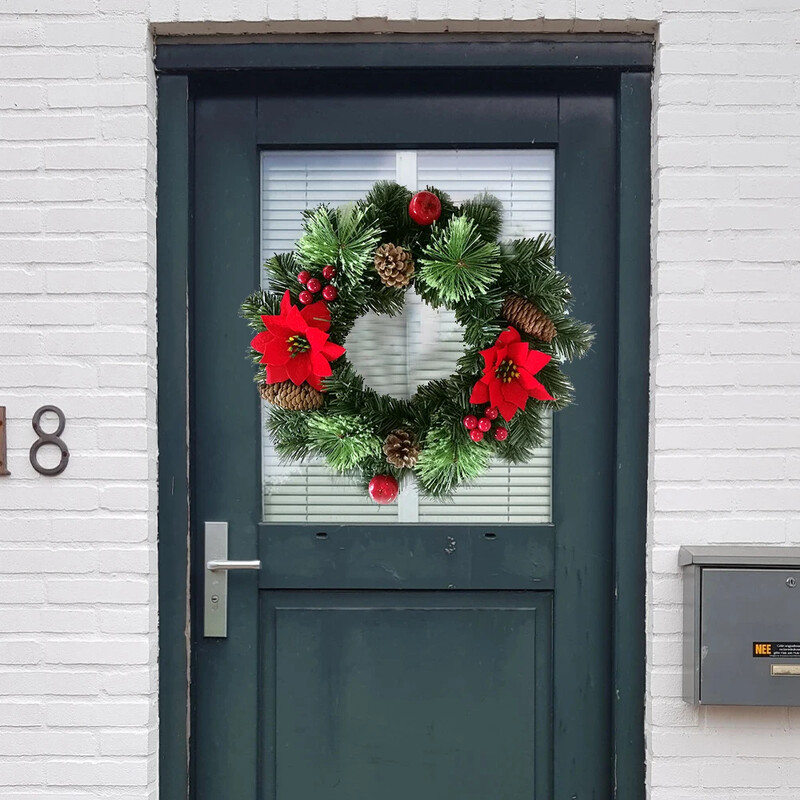 Karácsonyi koszorú mesterséges fenyőtoboz piros bogyó füzér függő díszek bejárati ajtó fali dekorációhoz, karácsonyfa koszorú dekoráció