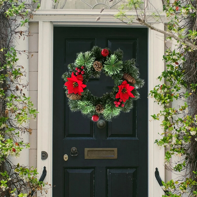 Karácsonyi koszorú mesterséges fenyőtoboz piros bogyó füzér függő díszek bejárati ajtó fali dekorációhoz, karácsonyfa koszorú dekoráció