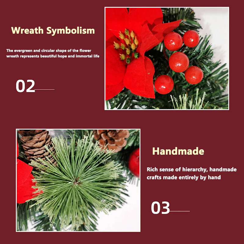 Karácsonyi koszorú mesterséges fenyőtoboz piros bogyó füzér függő díszek bejárati ajtó fali dekorációhoz, karácsonyfa koszorú dekoráció