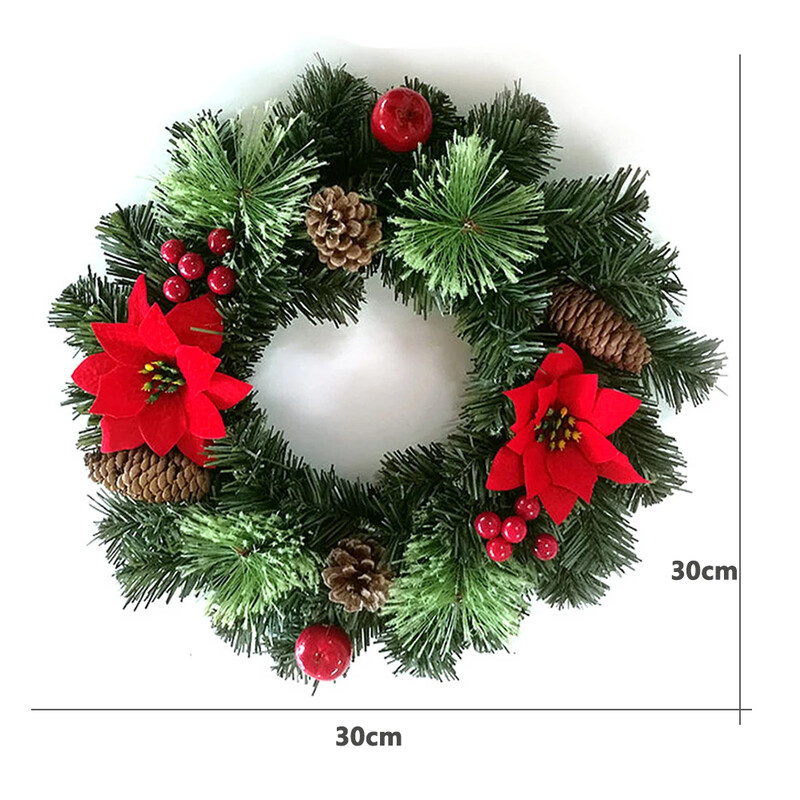 Karácsonyi koszorú mesterséges fenyőtoboz piros bogyó füzér függő díszek bejárati ajtó fali dekorációhoz, karácsonyfa koszorú dekoráció