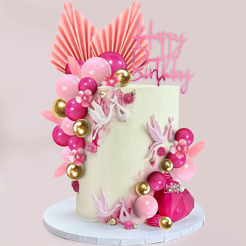 32db rózsaszín, fehérarany golyós tortafeltöltő labda Boldog születésnapot tortafestő DIY Cupcake zászló babaváróhoz Születésnapi party torta dekoráció