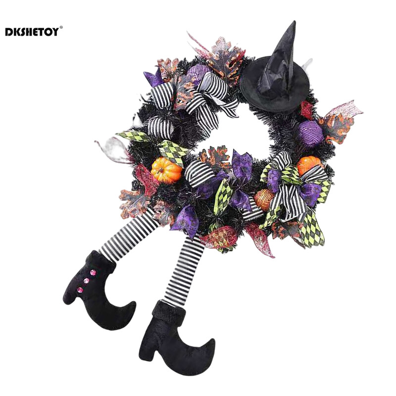 Halloween koszorú füzér bejárati ajtóhoz, kitömött gonosz boszorkánylábak füzér nagy méretű kültéri használatra