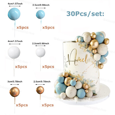 30τμχ Μπαλάκια Μπλε Λευκό Χρυσό Cake Toppers Bear Θέμα Διακόσμηση τούρτας γενεθλίων για βάπτιση γάμου Cupcake Ένθετο Cake Topper Ball