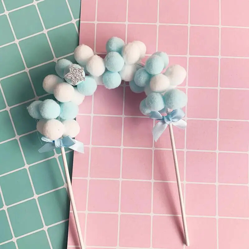 Rózsaszín kék puha pompon felhő torta topper baba zuhany születésnapi barkácsolás torta felső zászlók dekoráció fesztivál party kellékek