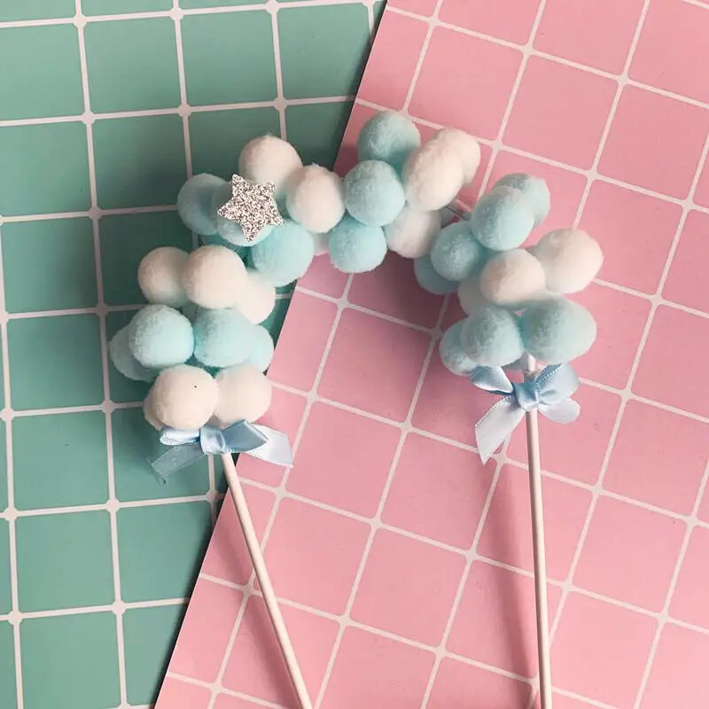 Rózsaszín kék puha pompon felhő torta topper baba zuhany születésnapi barkácsolás torta felső zászlók dekoráció fesztivál party kellékek