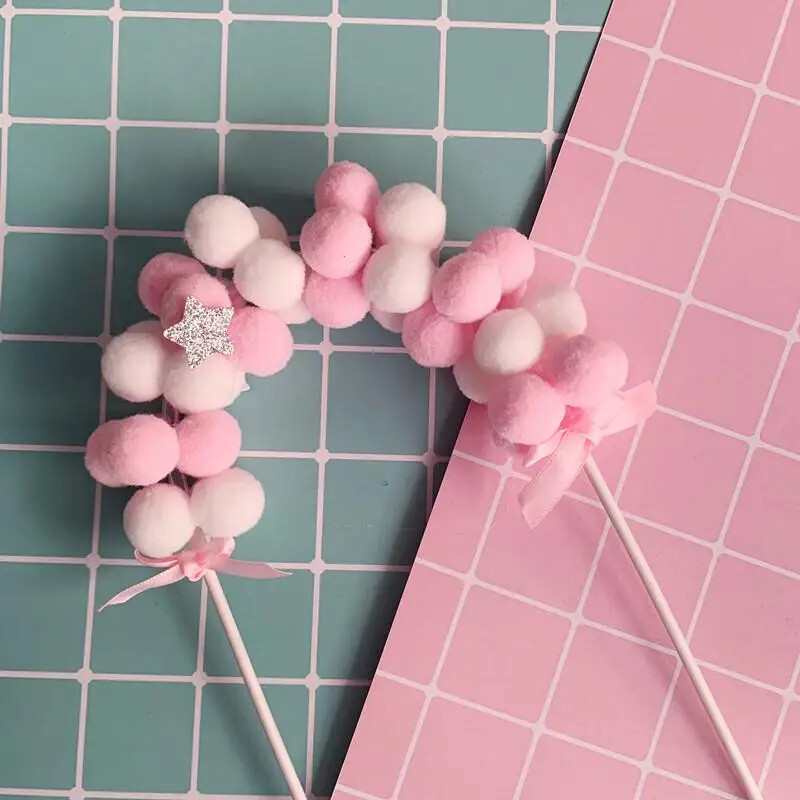 Rózsaszín kék puha pompon felhő torta topper baba zuhany születésnapi barkácsolás torta felső zászlók dekoráció fesztivál party kellékek